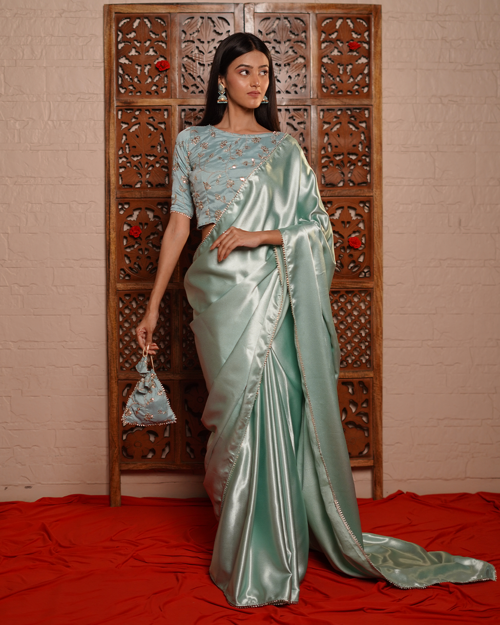 Powder Blue Satin Saree with Zari Blouse