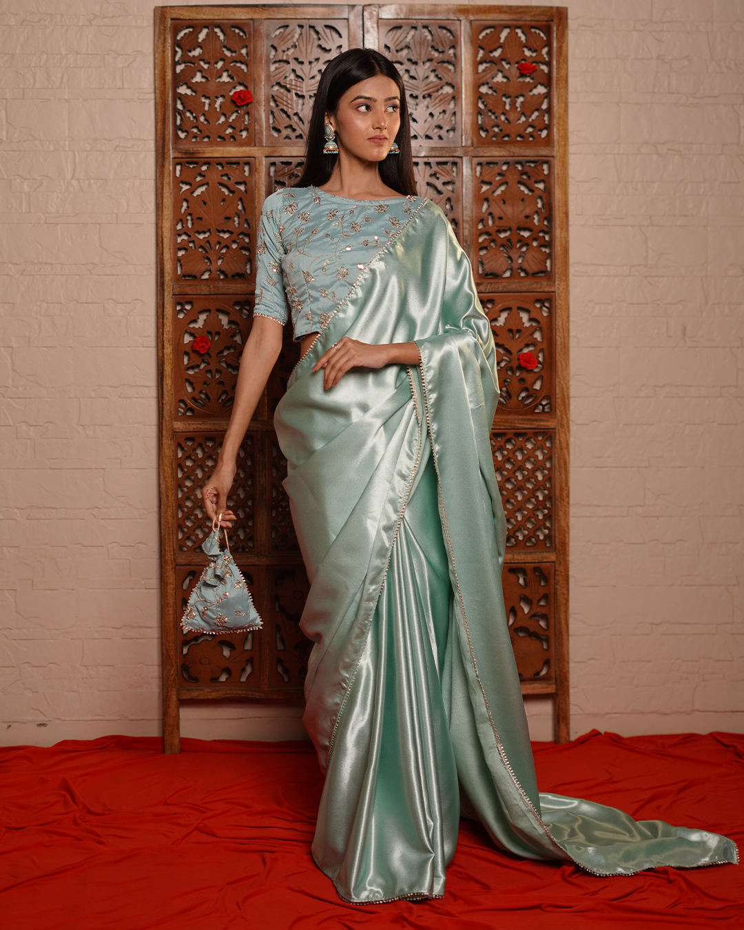 Powder Blue Satin Saree with Zari Blouse