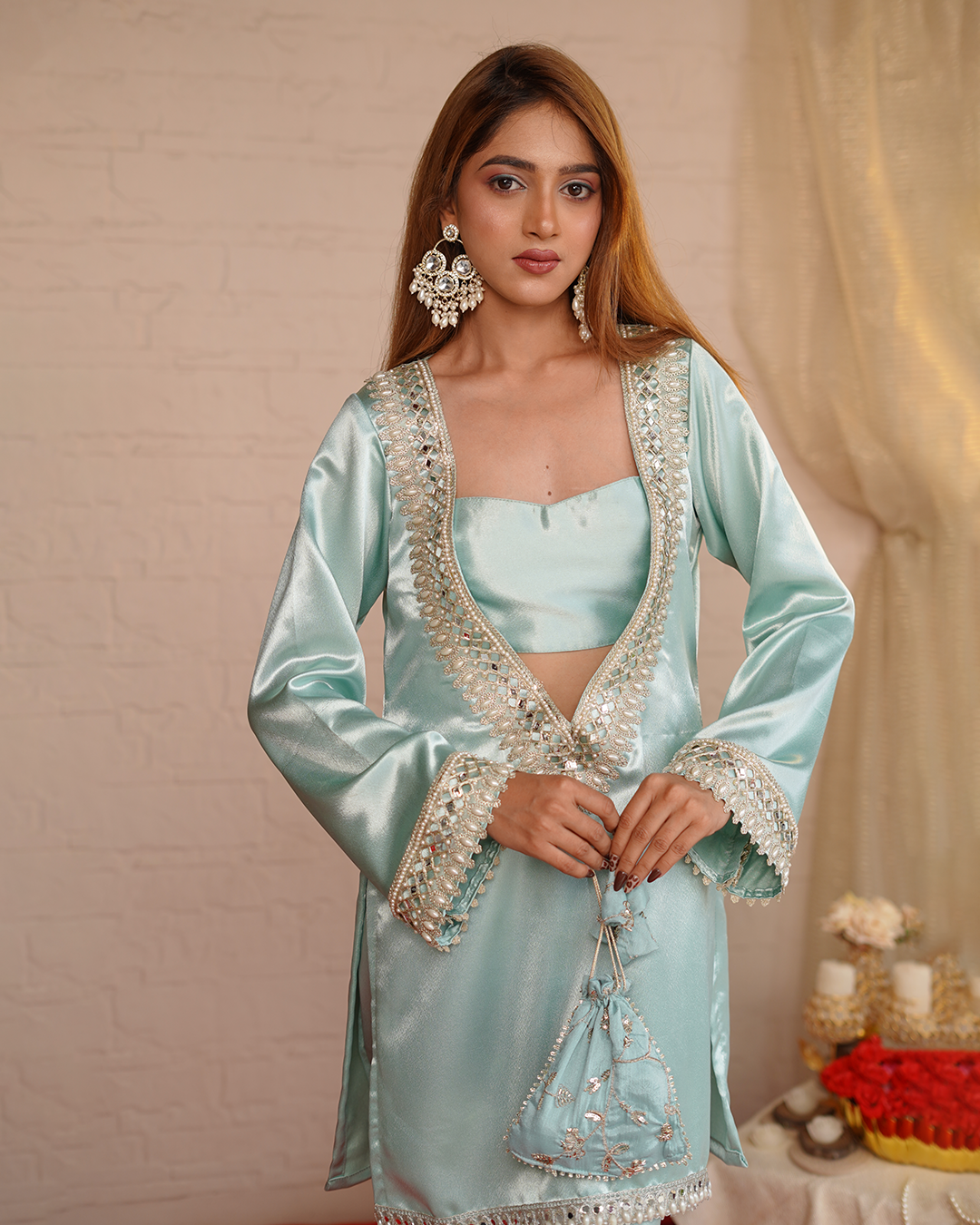 Powder Blue Pearl Mirror Satin Co-ord Set