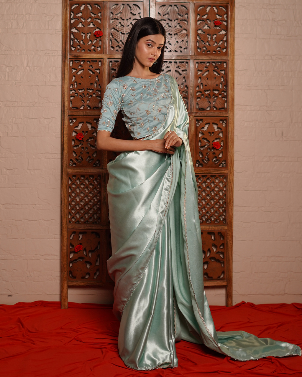 Powder Blue Satin Saree with Zari Blouse