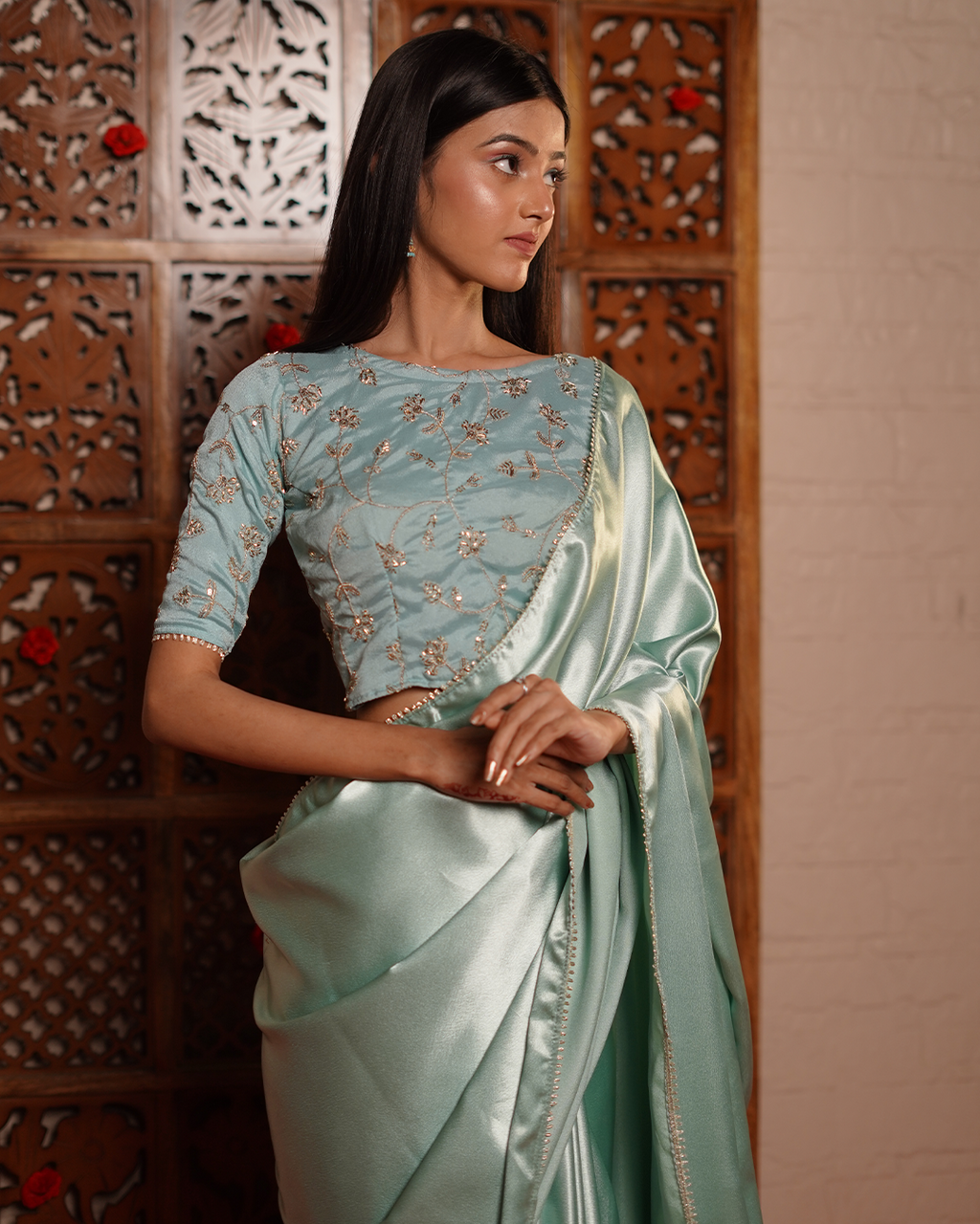Powder Blue Satin Saree with Zari Blouse