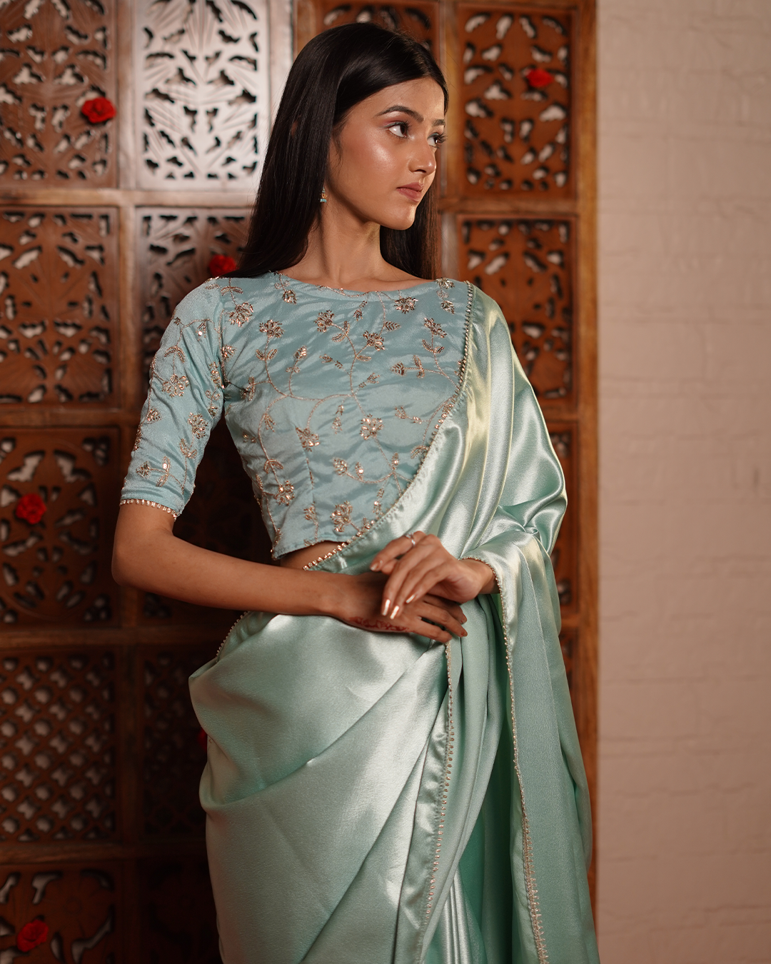 Powder Blue Satin Saree with Zari Blouse