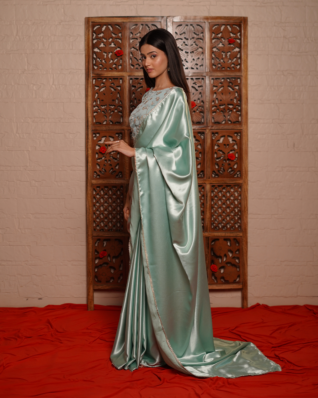 Powder Blue Satin Saree with Zari Blouse