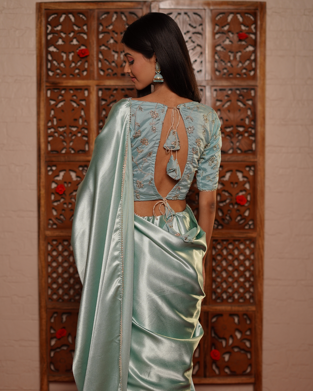 Powder Blue Satin Saree with Zari Blouse