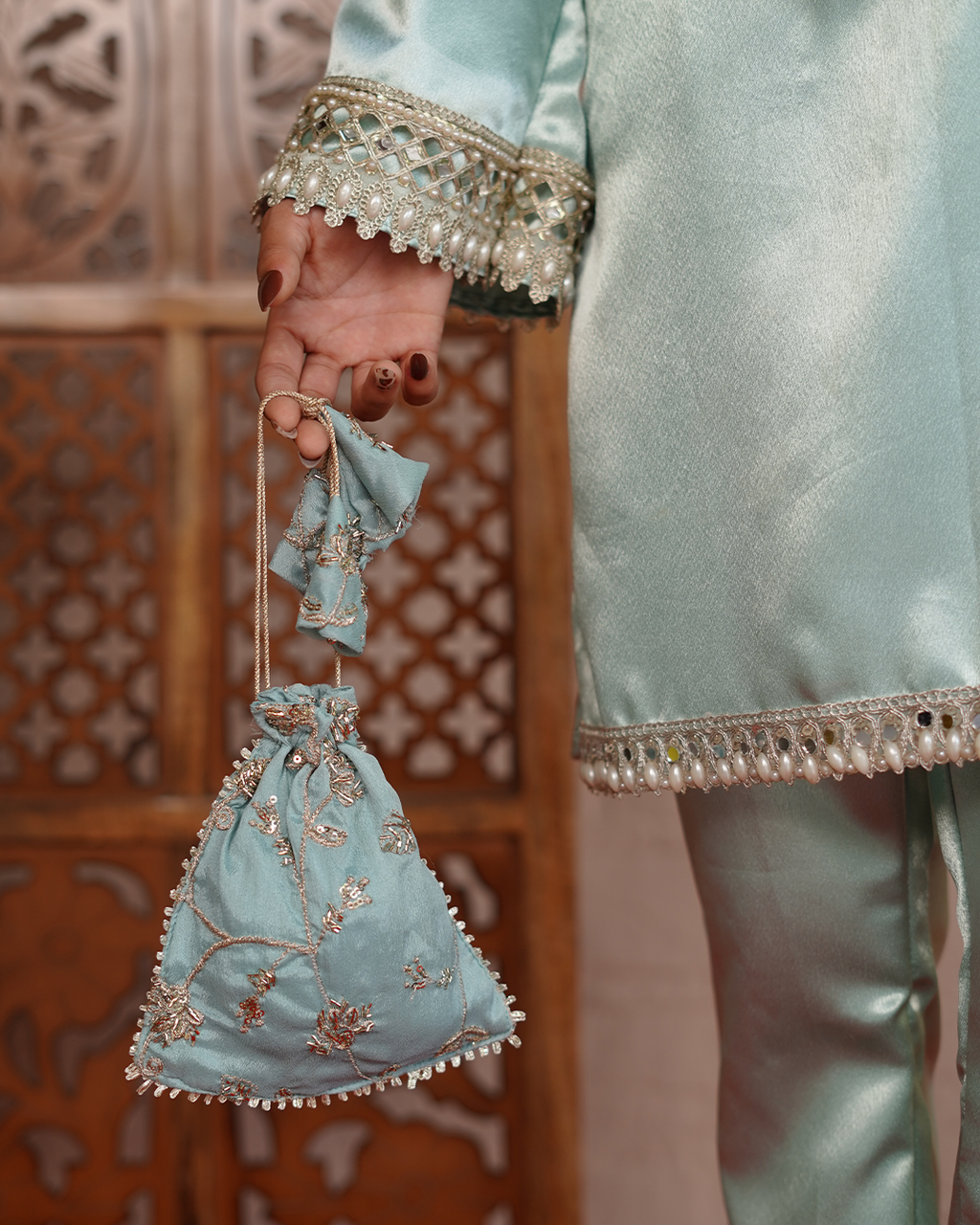 Powder Blue Pearl Mirror Satin Co-ord Set