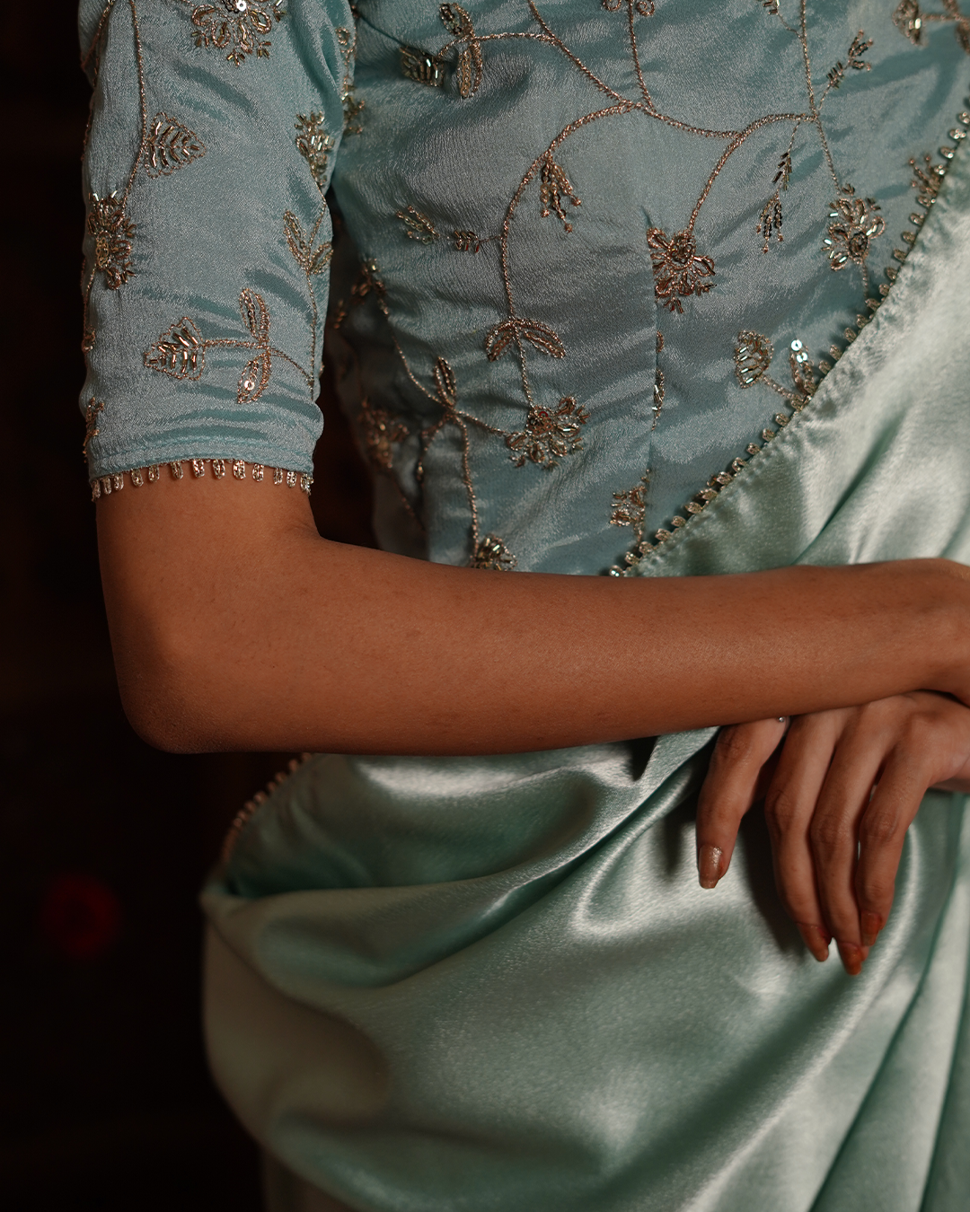 Powder Blue Satin Saree with Zari Blouse