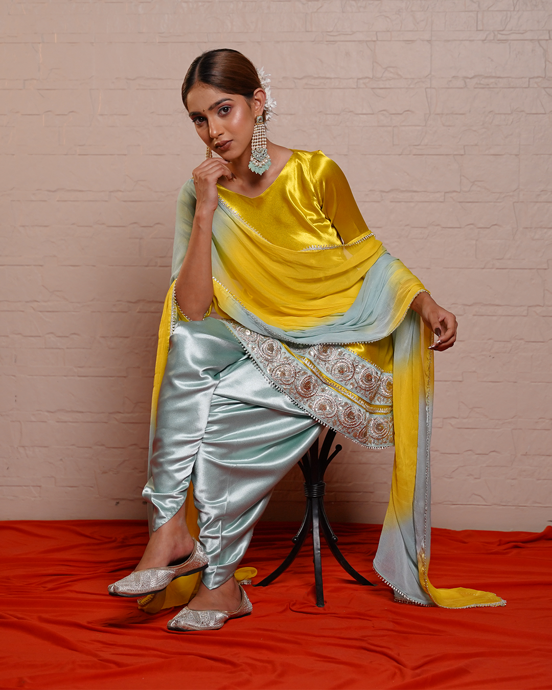 Dhaani Blue Zardozi Satin Dhoti Set with Tie-Dye Dupatta