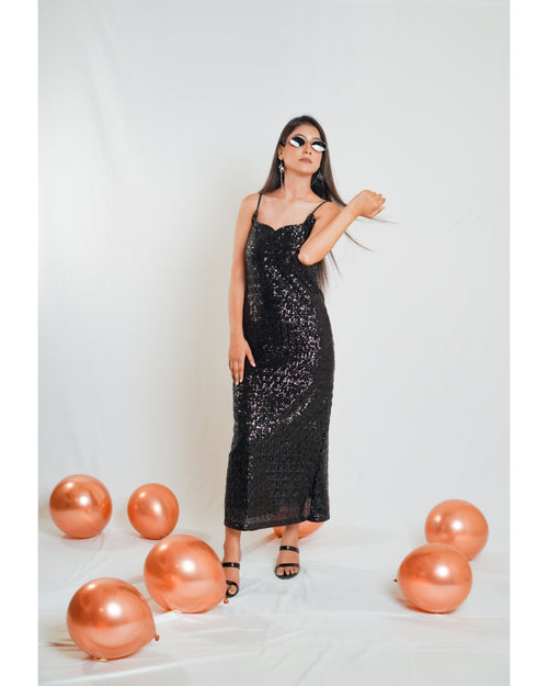 Black Sequin Slit Dress