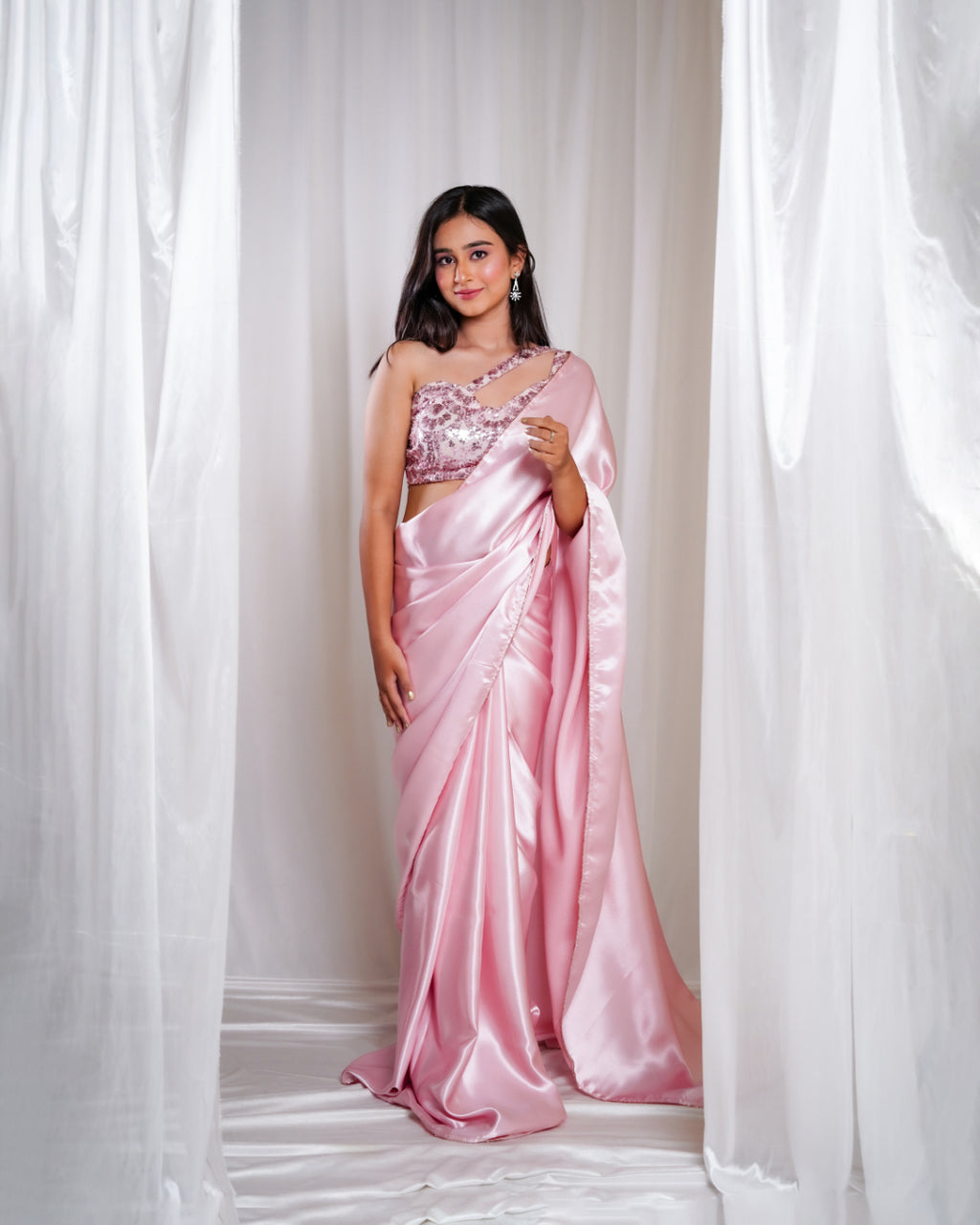 Pastel Pink Satin Soirée Saree