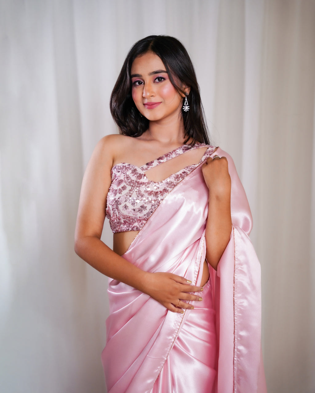 Pastel Pink Satin Soirée Saree