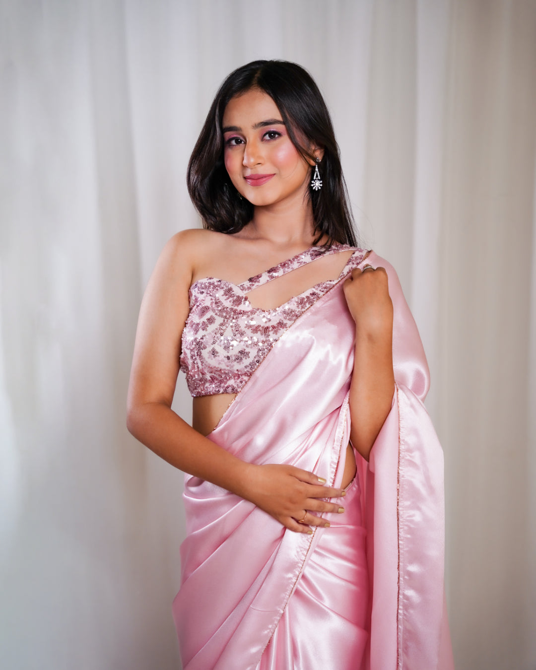 Pastel Pink Satin Soirée Saree