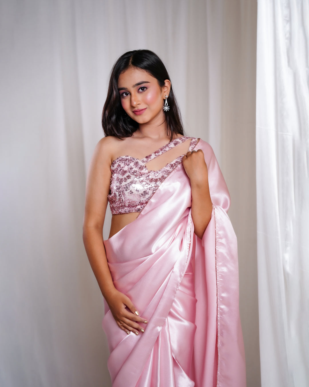 Pastel Pink Satin Soirée Saree
