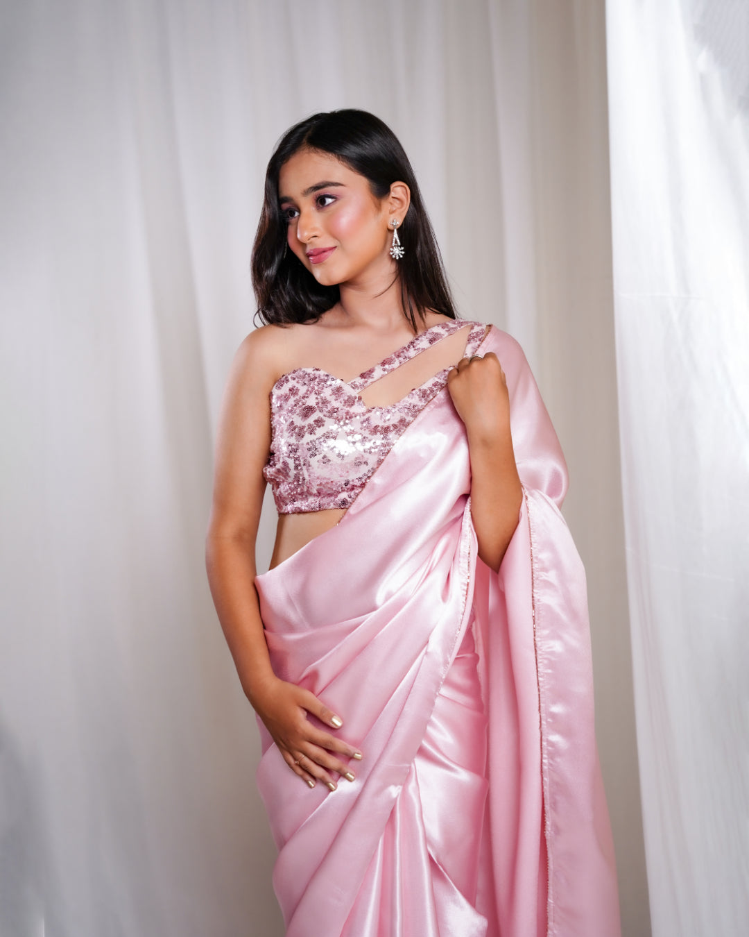 Pastel Pink Satin Soirée Saree