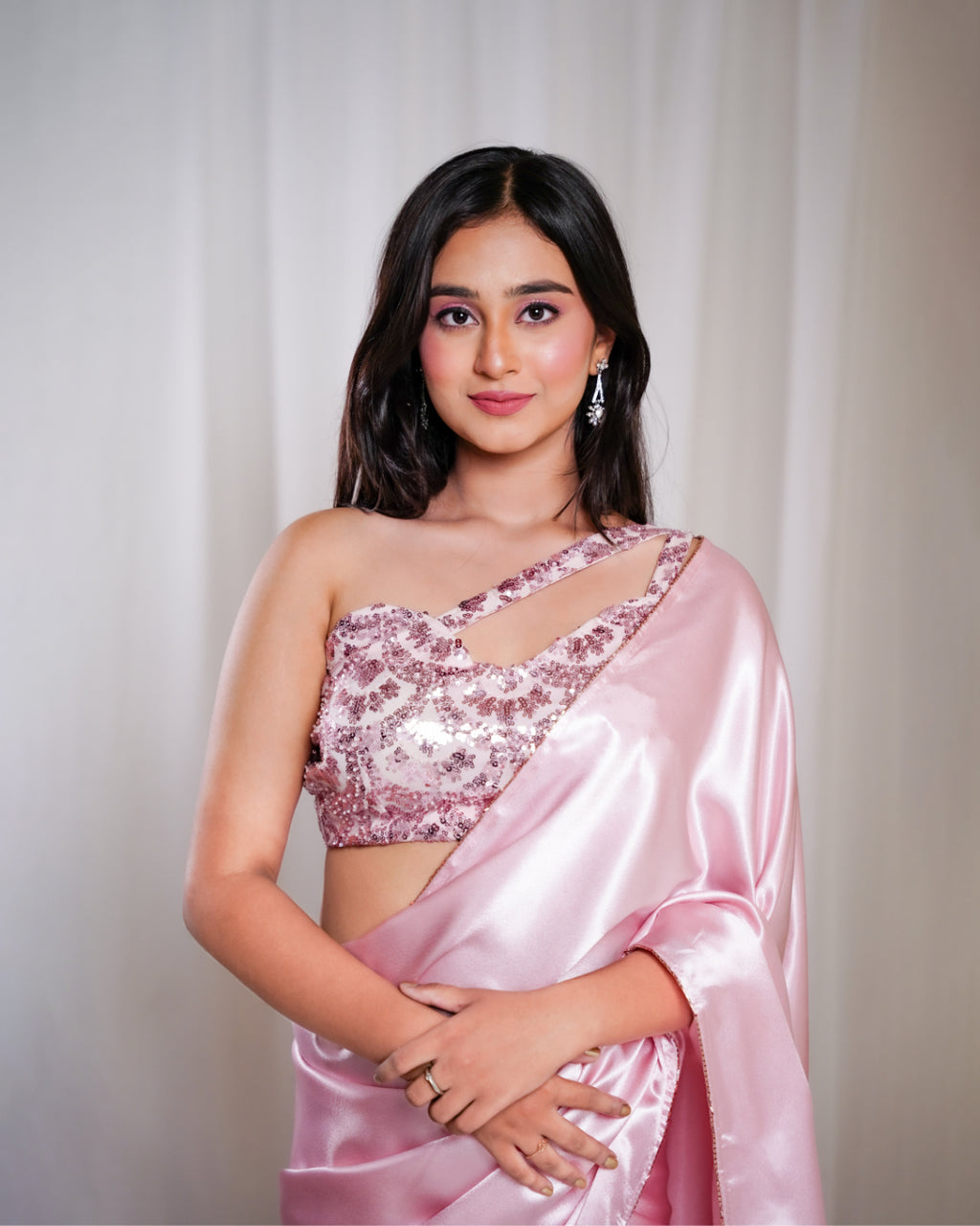 Pastel Pink Satin Soirée Saree