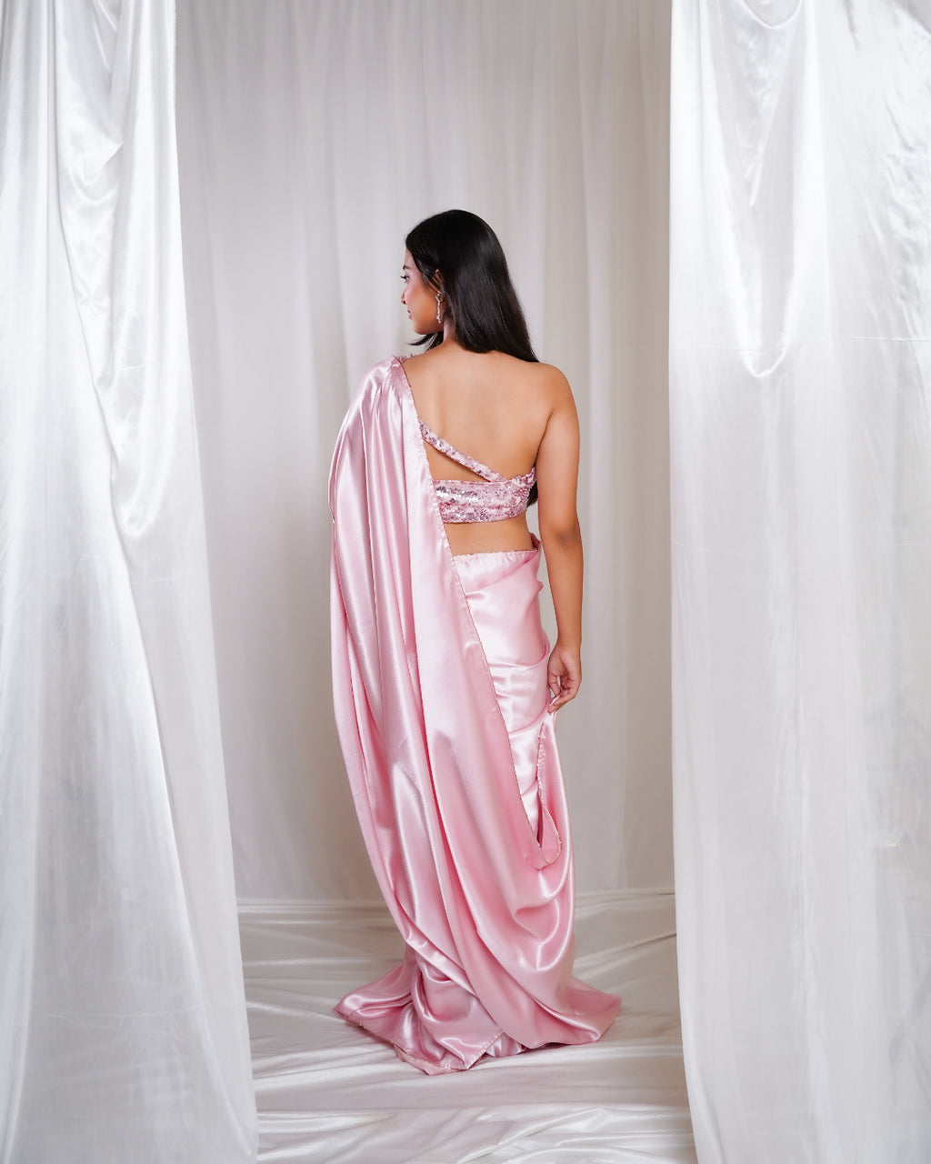 Pastel Pink Satin Soirée Saree