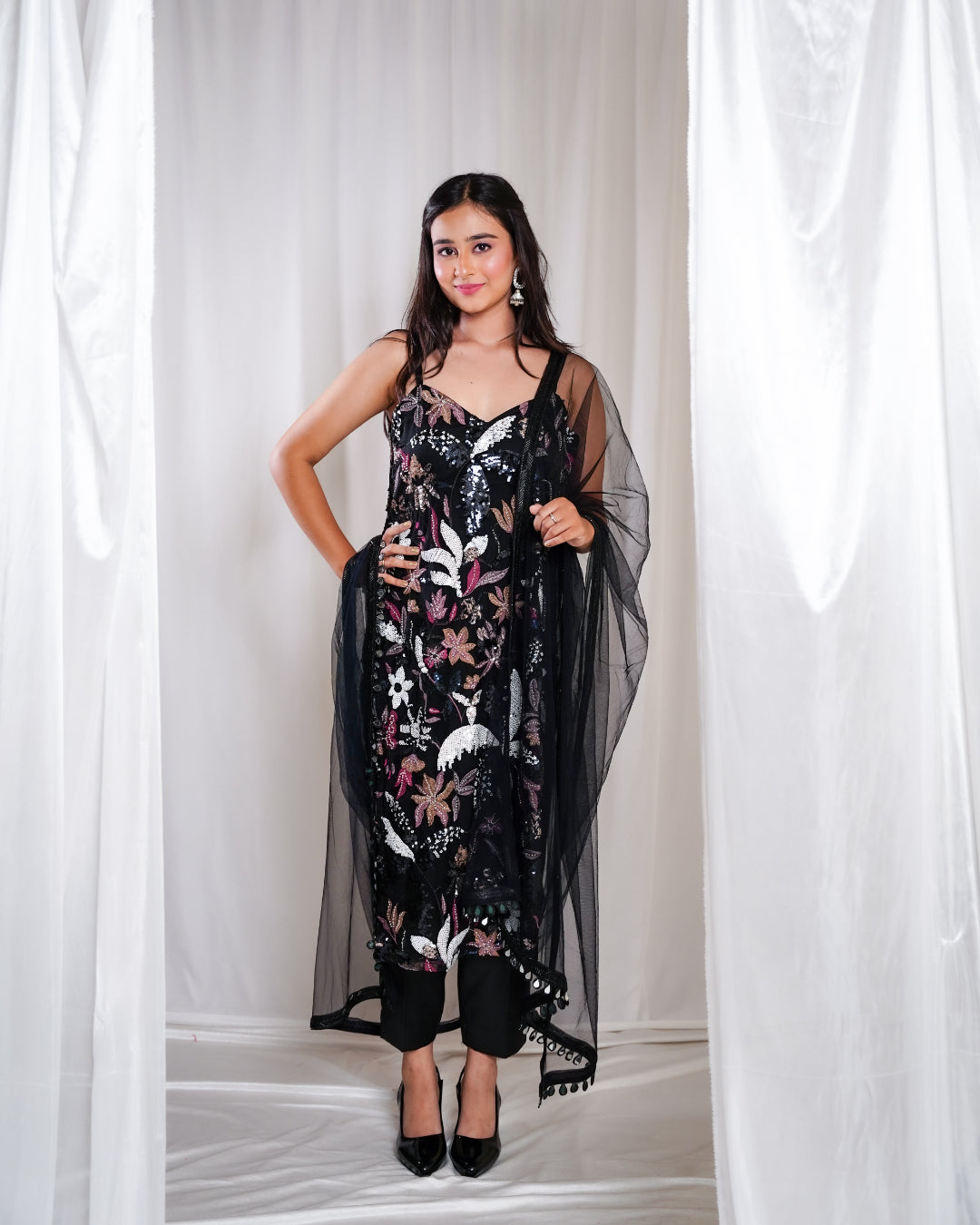 Floral Black Indo-western Set
