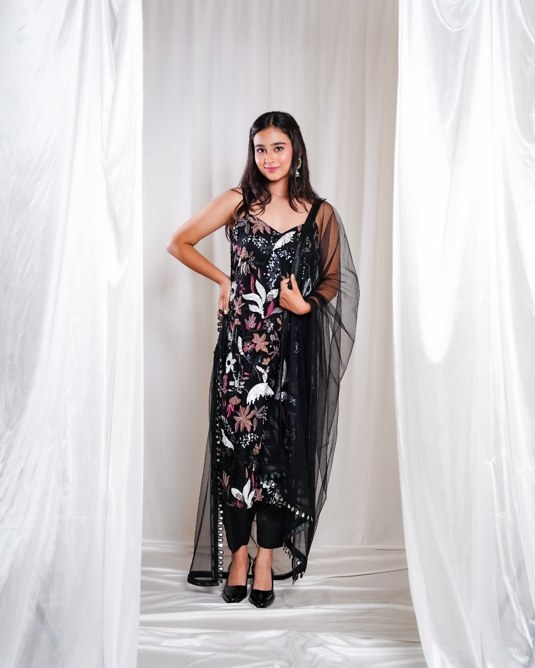 Floral Black Indo-western Set