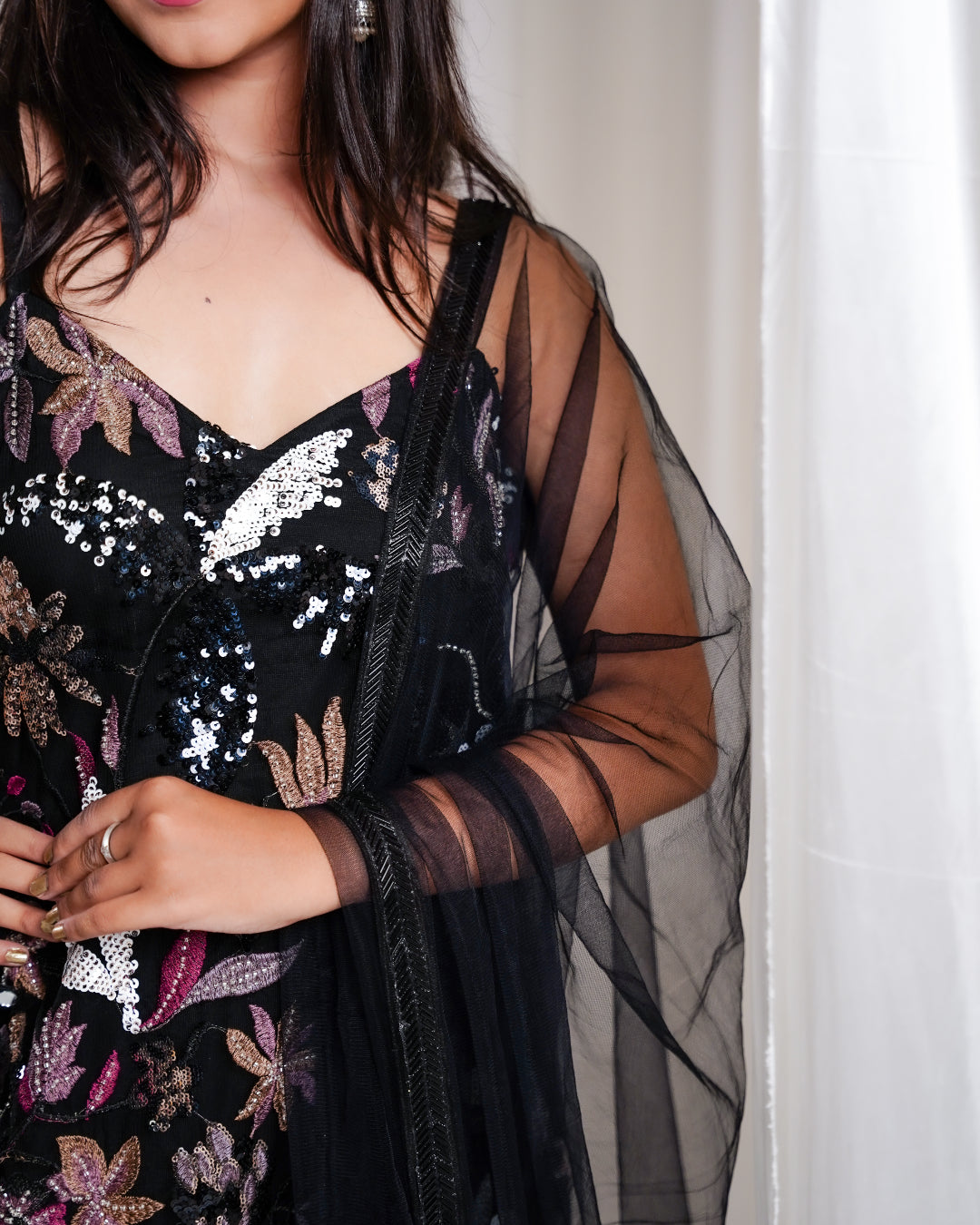 Floral Black Indo-western Set