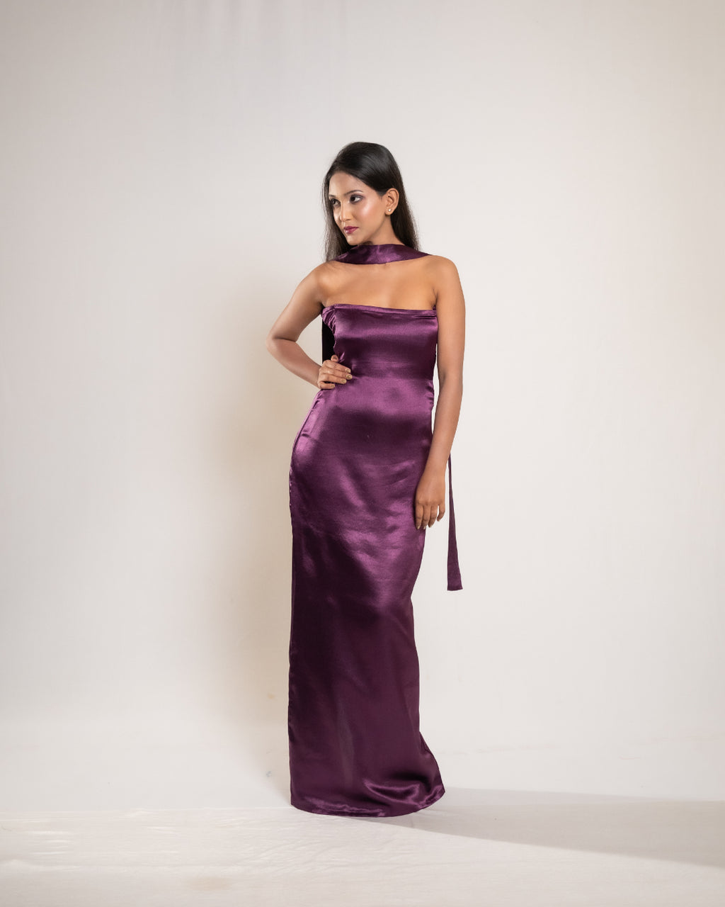 Wine Satin Dress with Stole