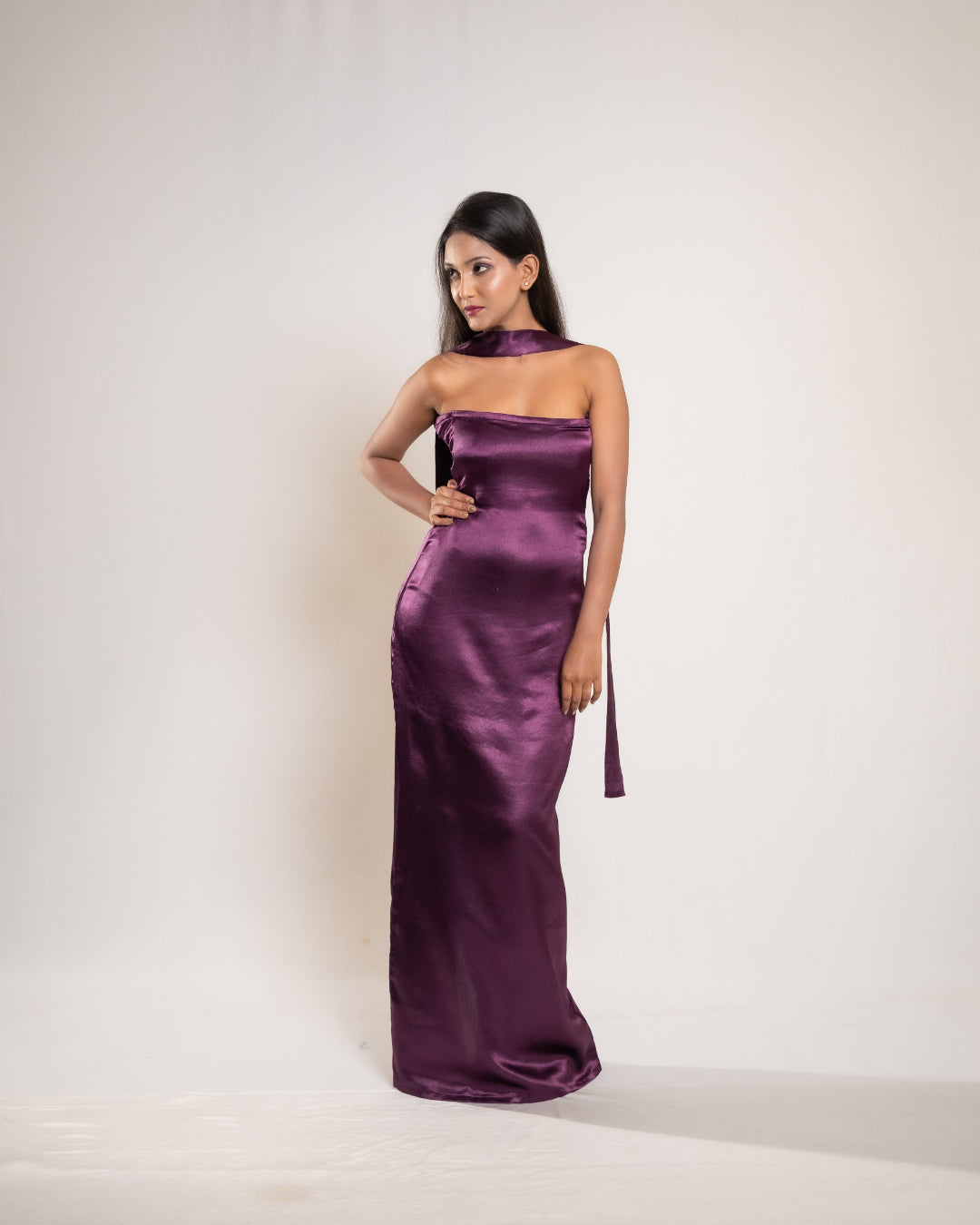 Wine Satin Dress with Stole