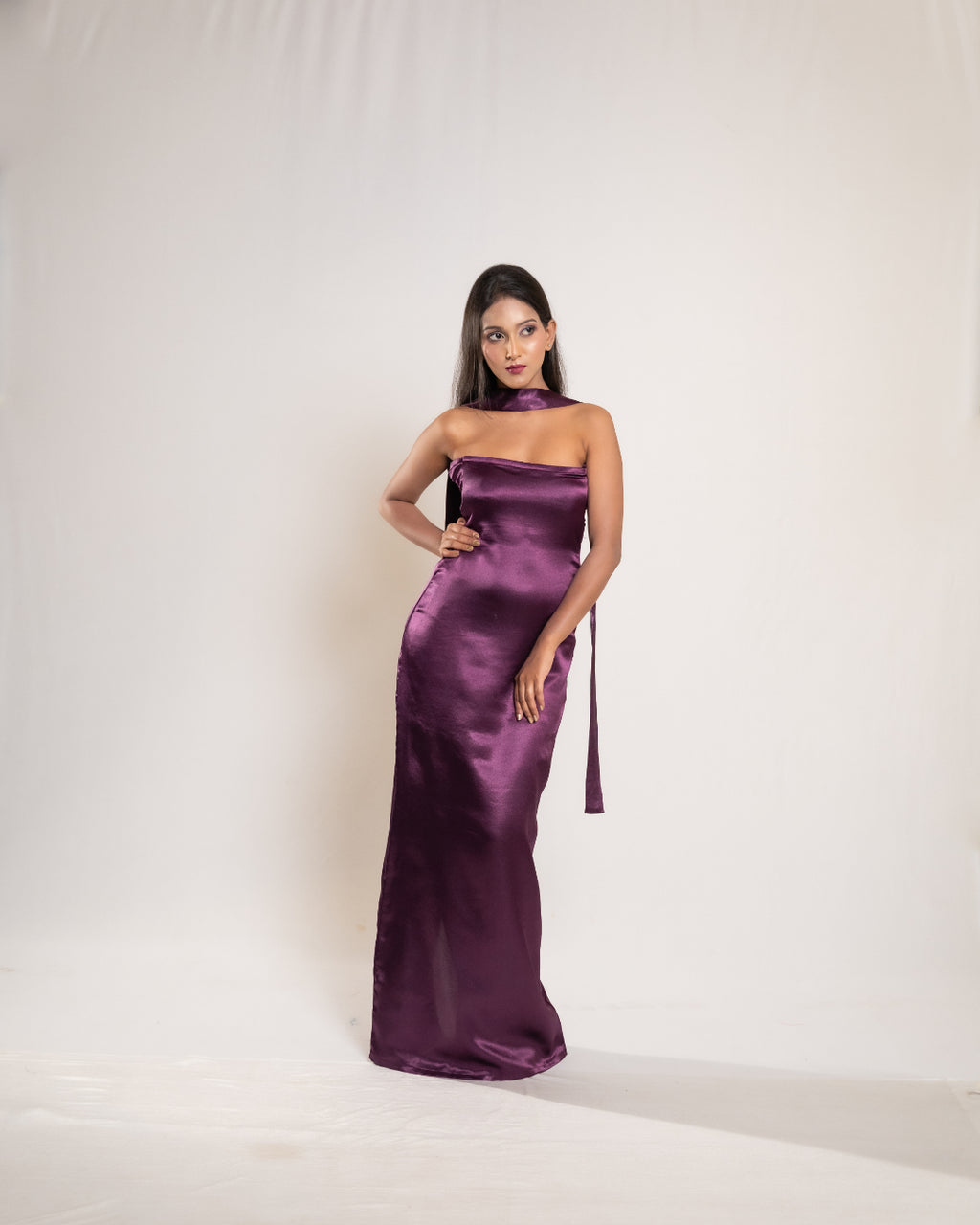 Wine Satin Dress with Stole