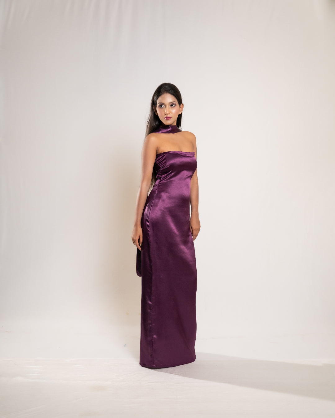 Wine Satin Dress with Stole