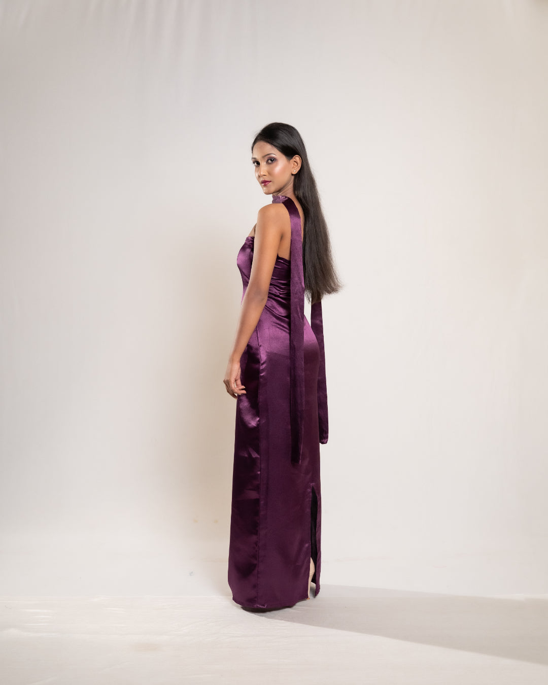 Wine Satin Dress with Stole