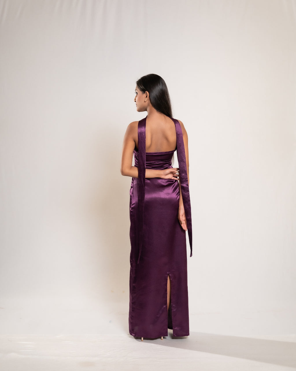 Wine Satin Dress with Stole