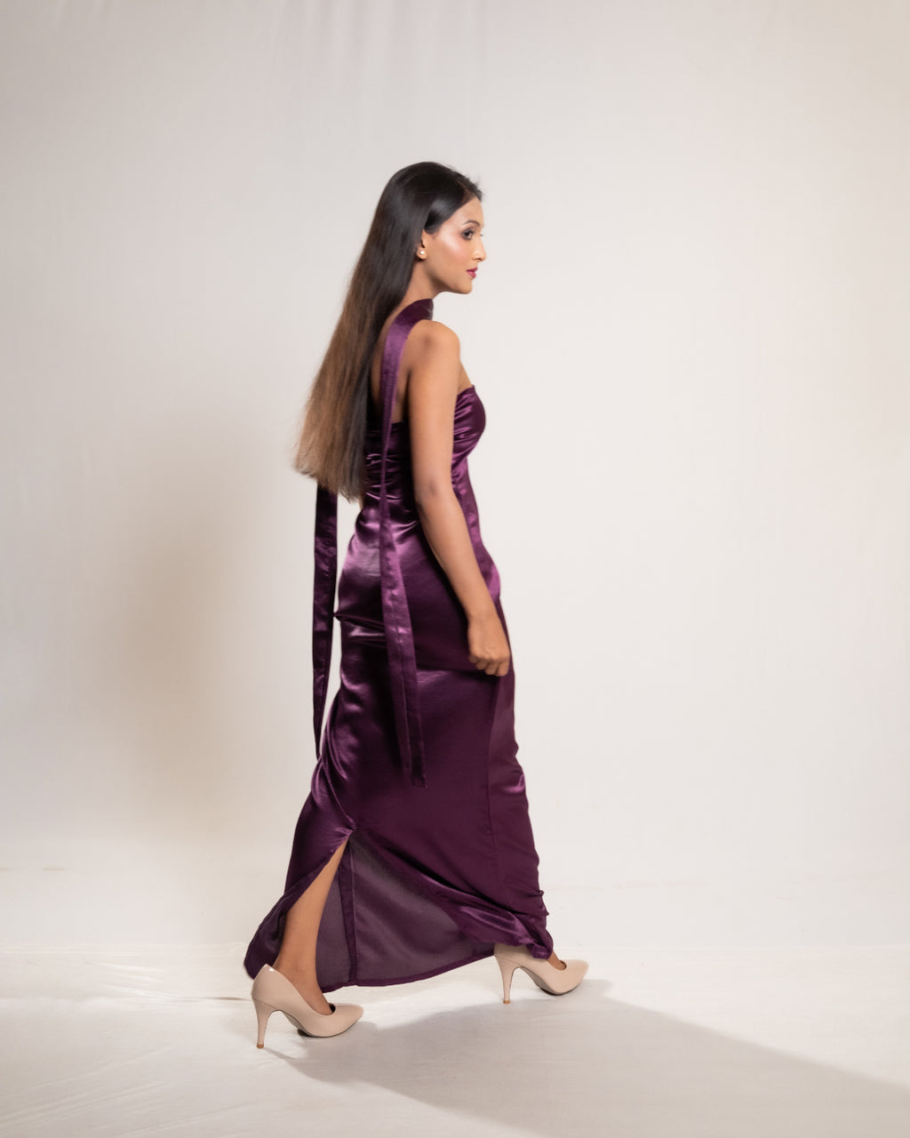 Wine Satin Dress with Stole