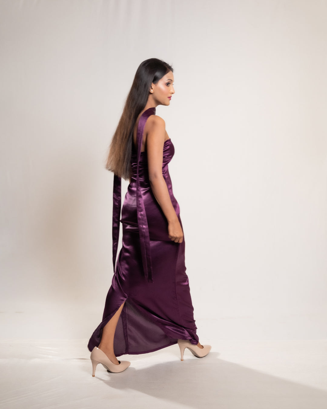 Wine Satin Dress with Stole