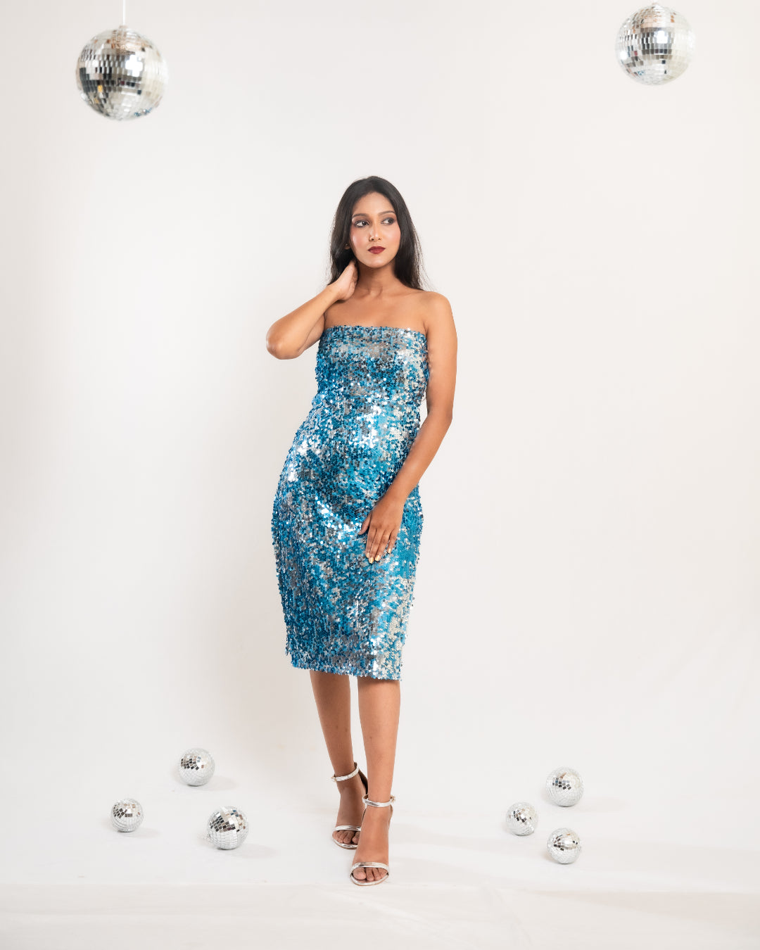 Blue - Silver Sequin Slit Dress