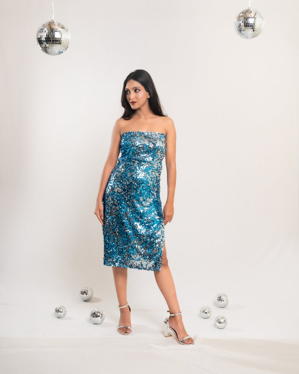 Blue - Silver Sequin Slit Dress