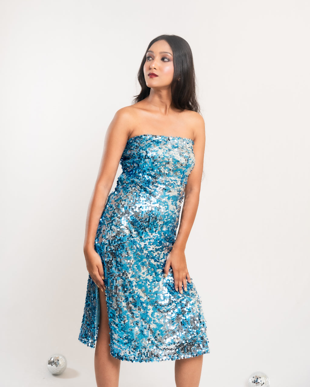Blue - Silver Sequin Slit Dress