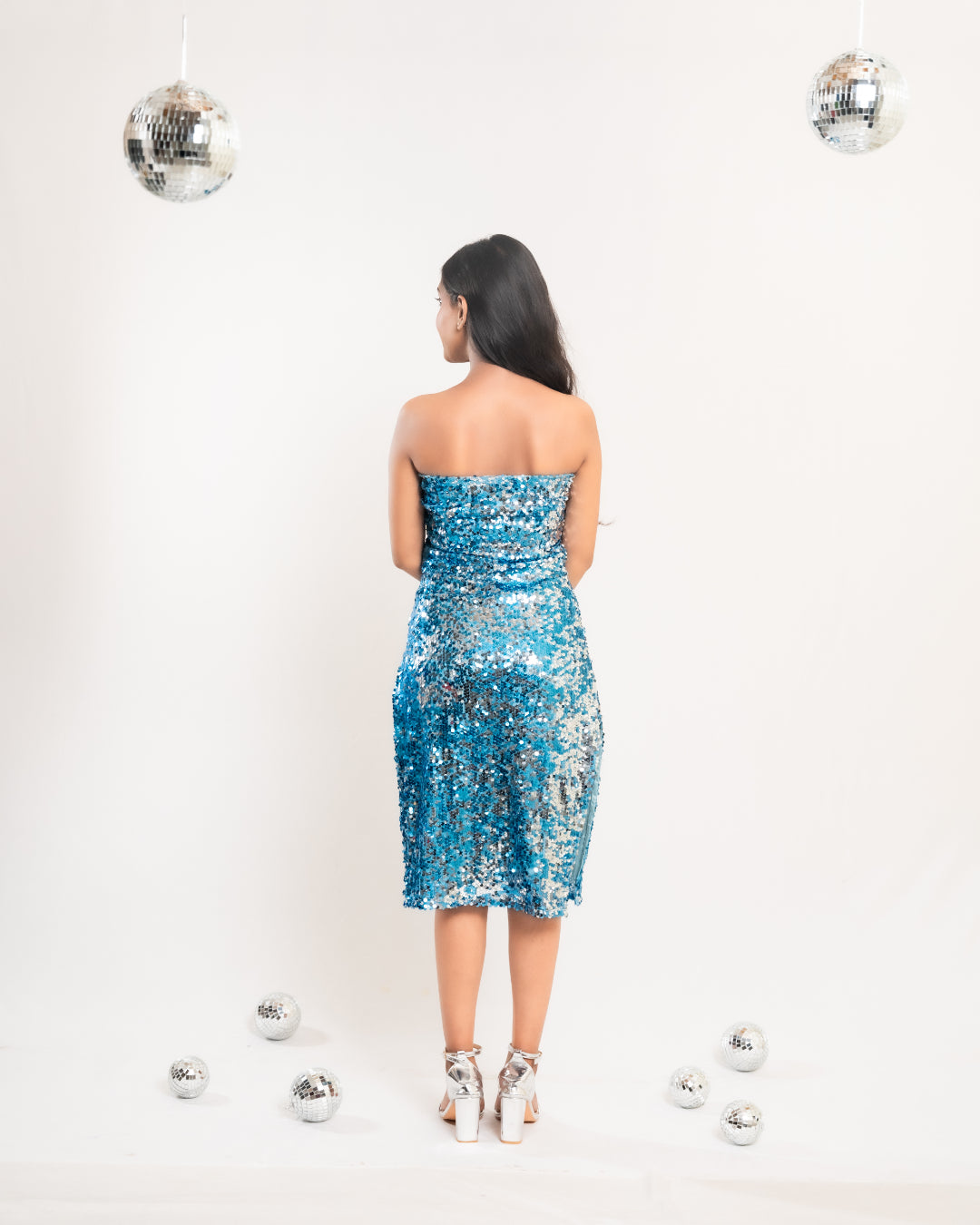 Blue - Silver Sequin Slit Dress