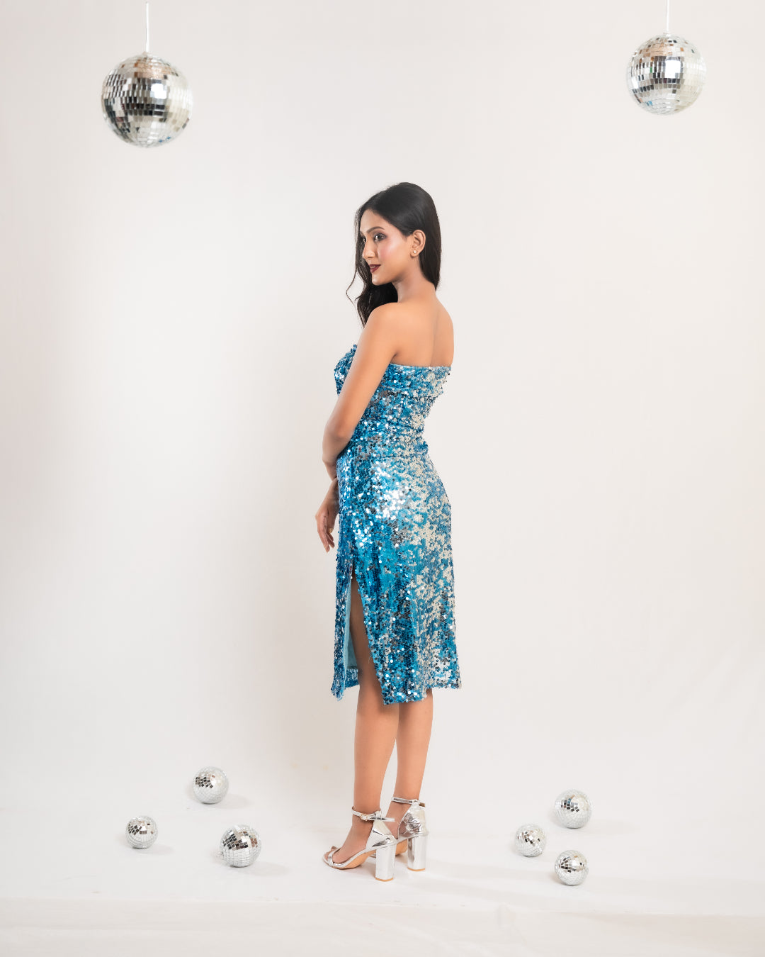 Blue - Silver Sequin Slit Dress