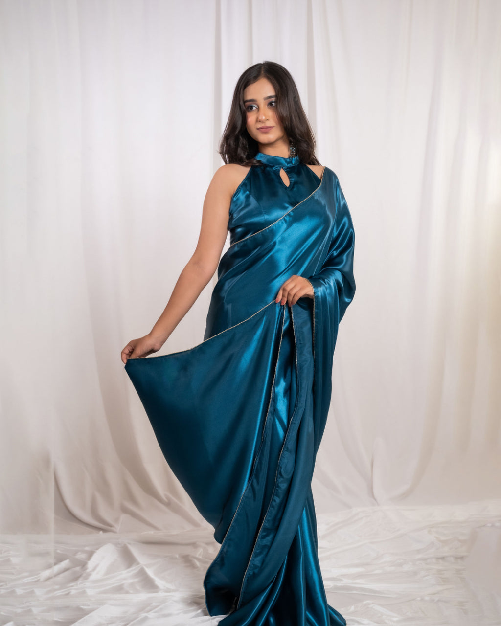 Teal Blue Satin Saree