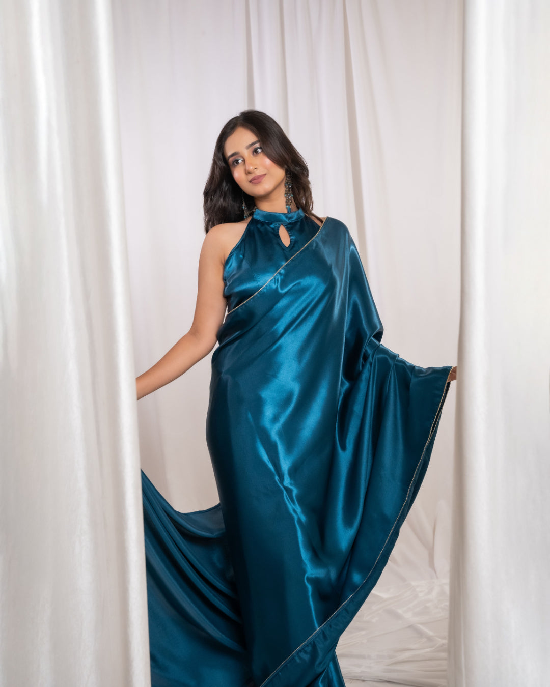 Teal Blue Satin Saree