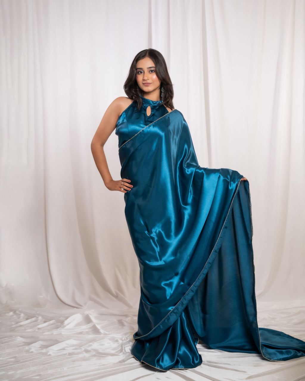 Teal Blue Satin Saree