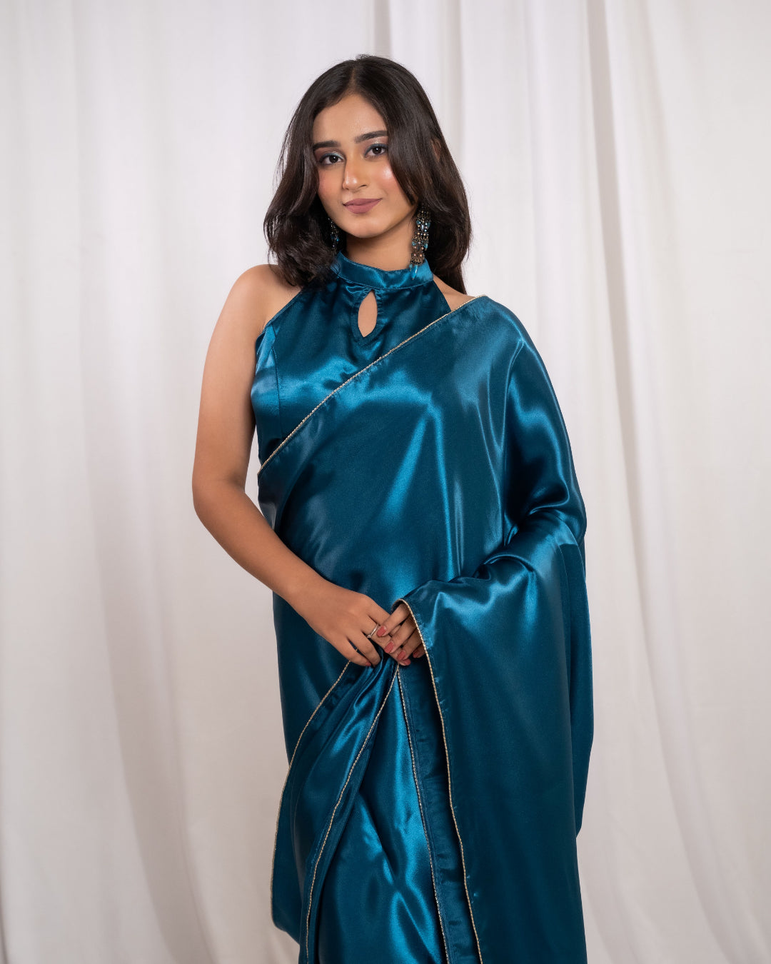 Teal Blue Satin Saree