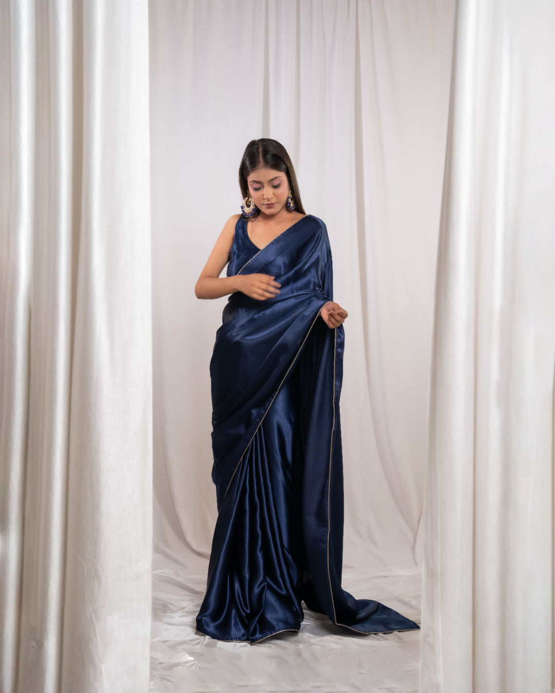 Navy Blue Satin Saree