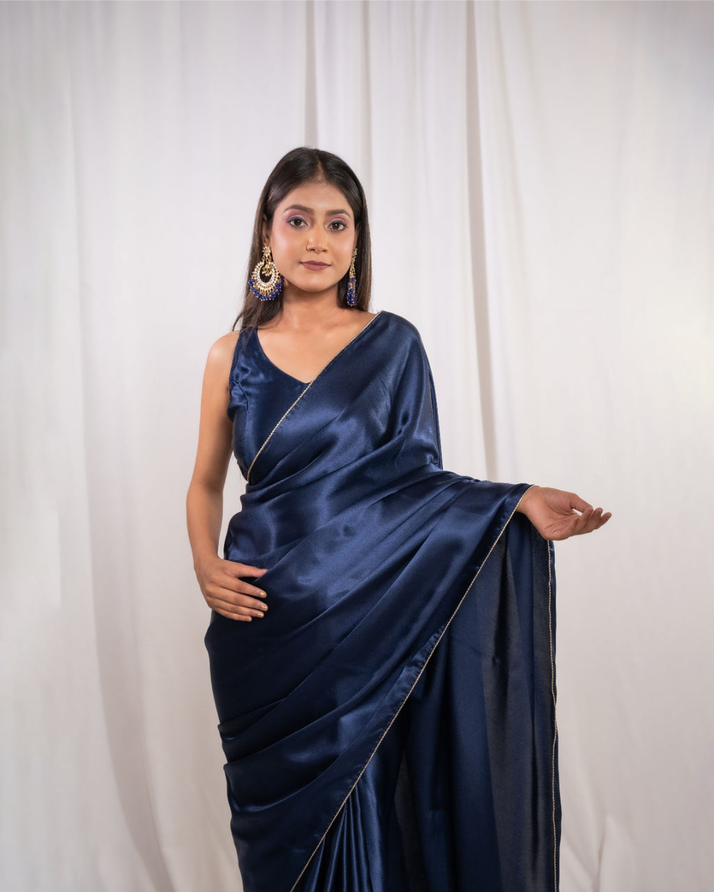 Navy Blue Satin Saree