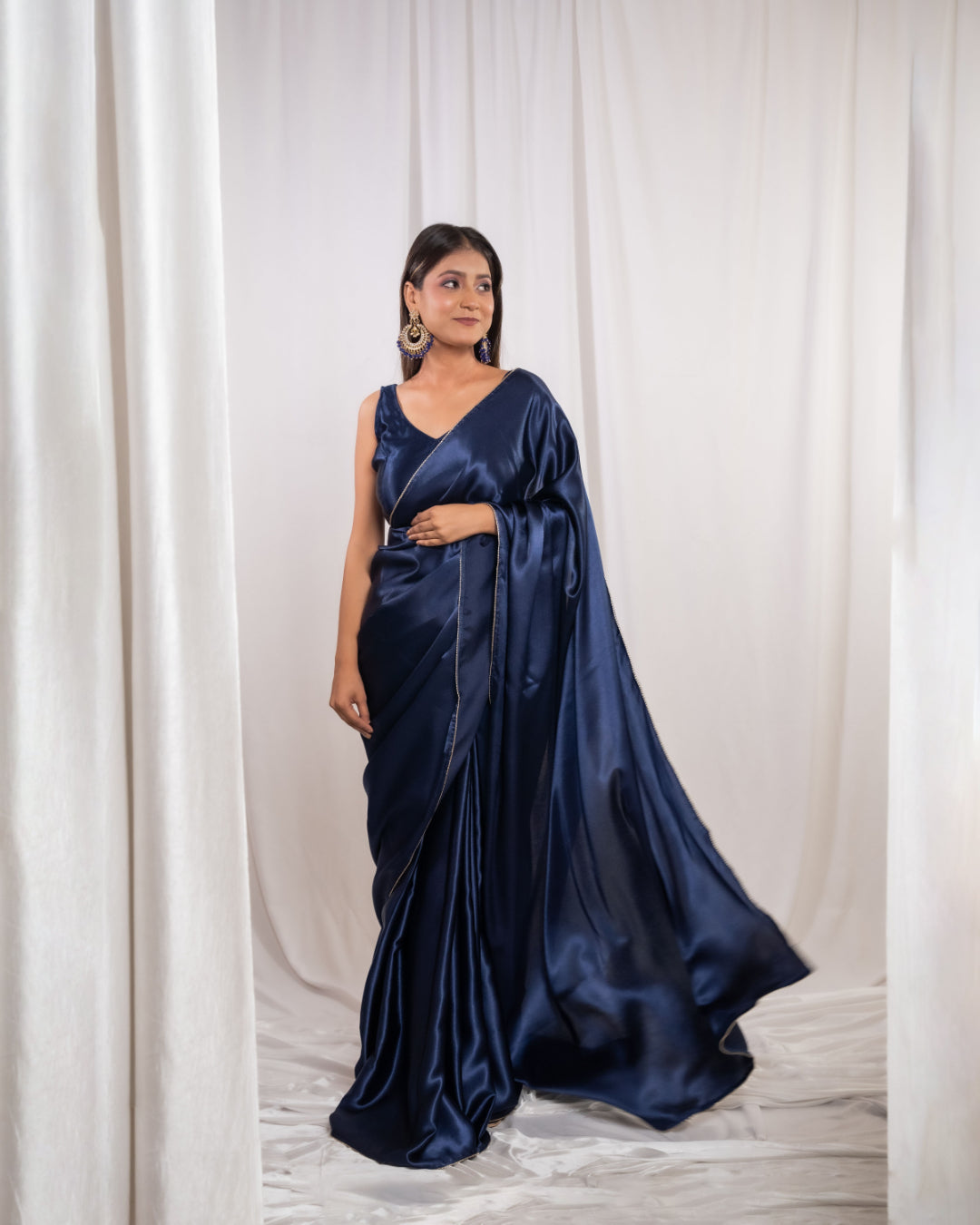 Navy Blue Satin Saree