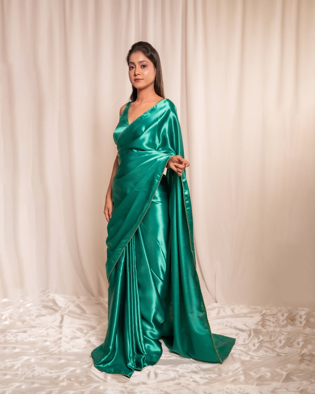 Bottle Green Satin Saree