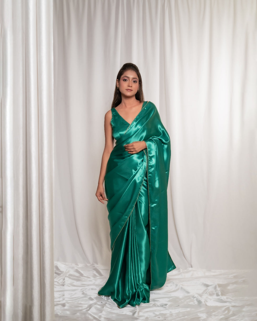 Bottle Green Satin Saree