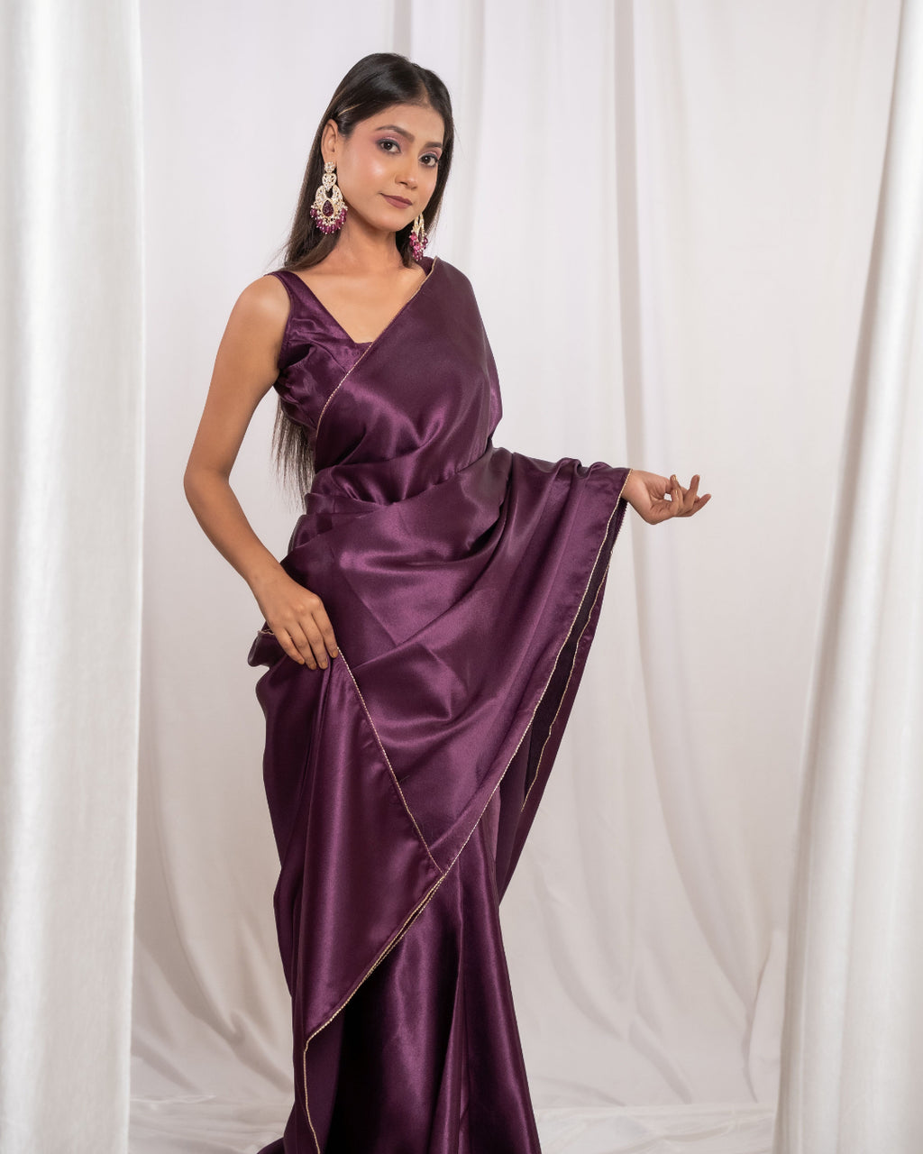 Wine Satin Saree