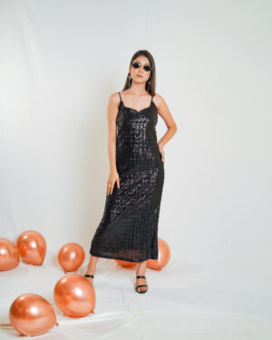 Black Sequin Slit Dress