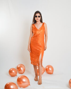 Orange Sequin Slit Dress