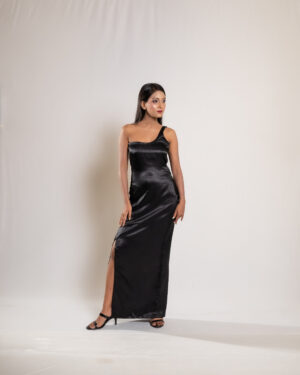 Black Satin Evening Slit Dress